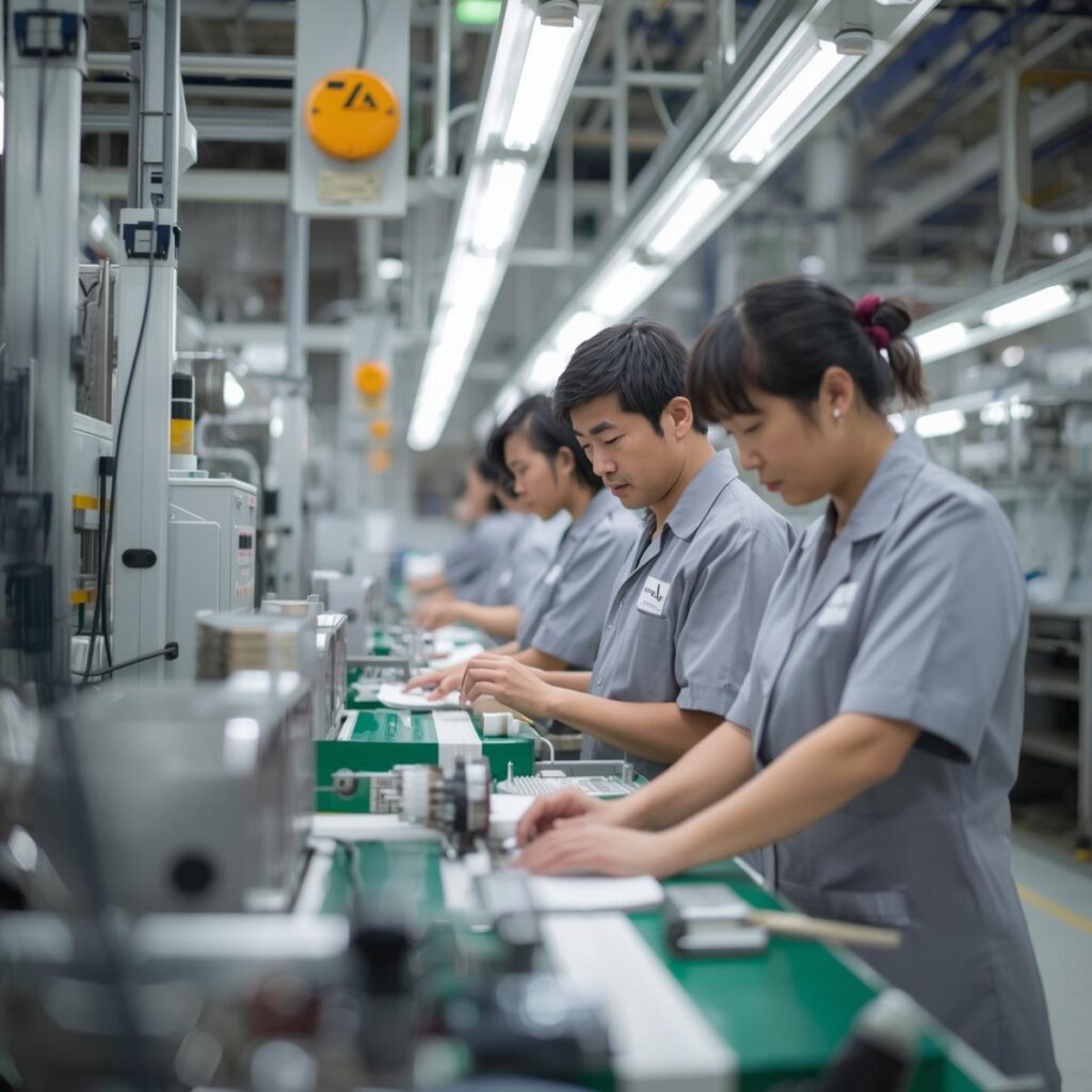 明るく清潔な工場の組立ラインで作業する男女の様子