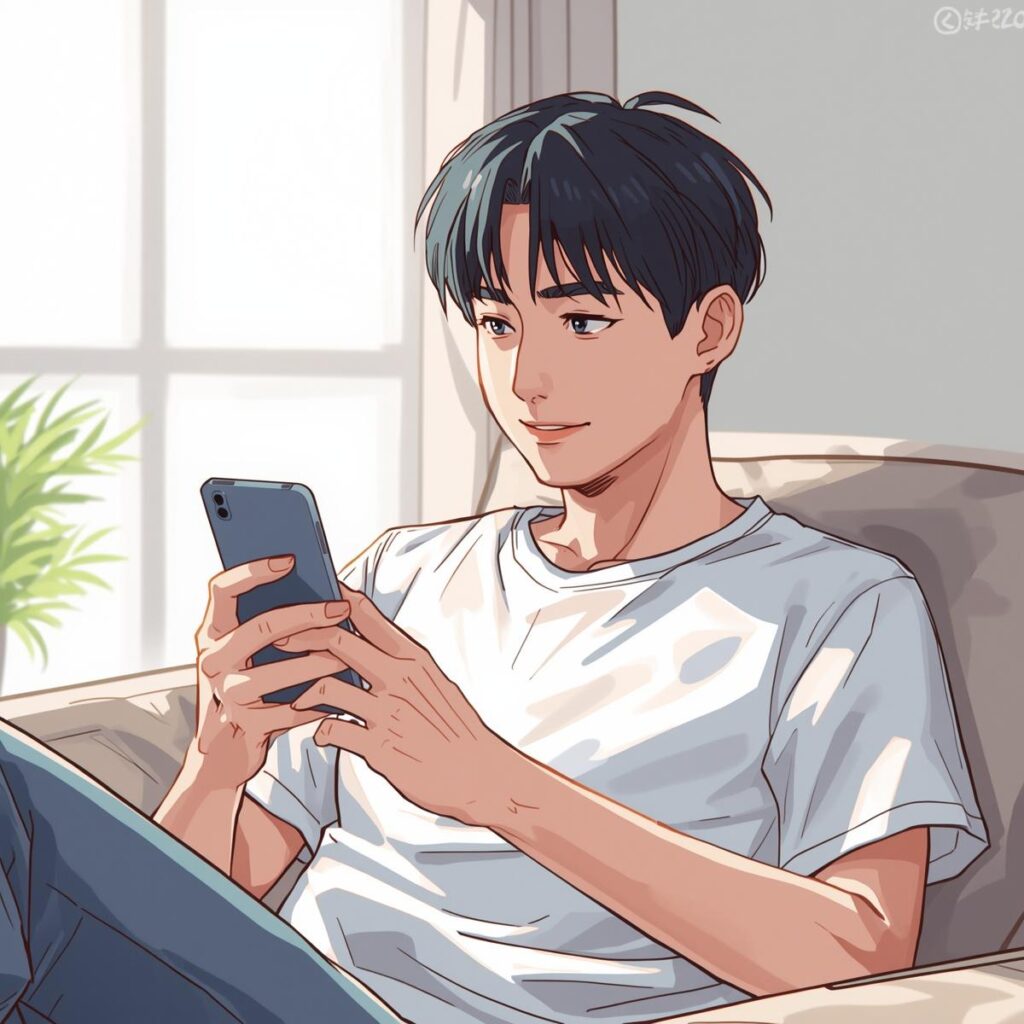スマートフォンで工場求人を検索する男性