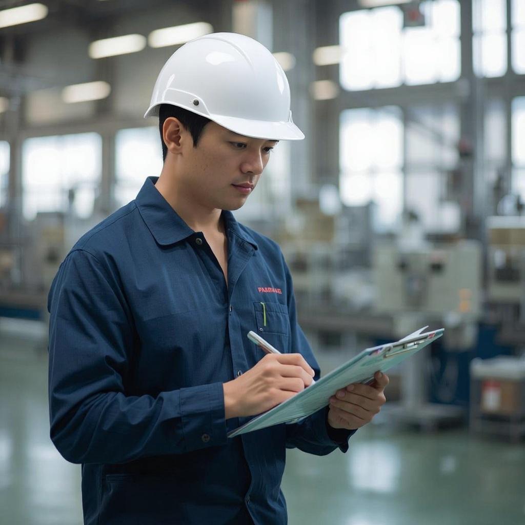 工場内でチェックリストを確認する作業員