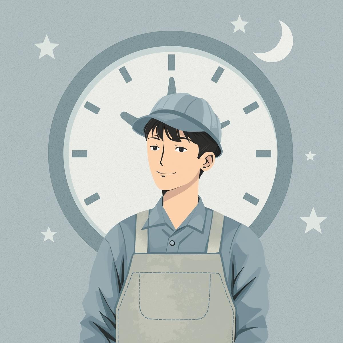 夜勤がある工場勤務の実態を表す、夜の工場と作業員のイラスト