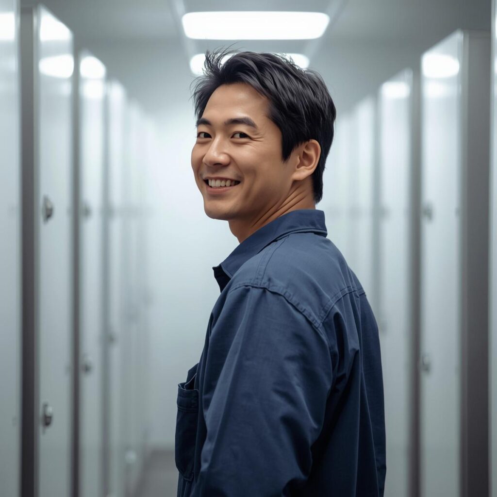 40代未経験から工場転職を成功させた男性が作業着を着て笑顔でいる様子