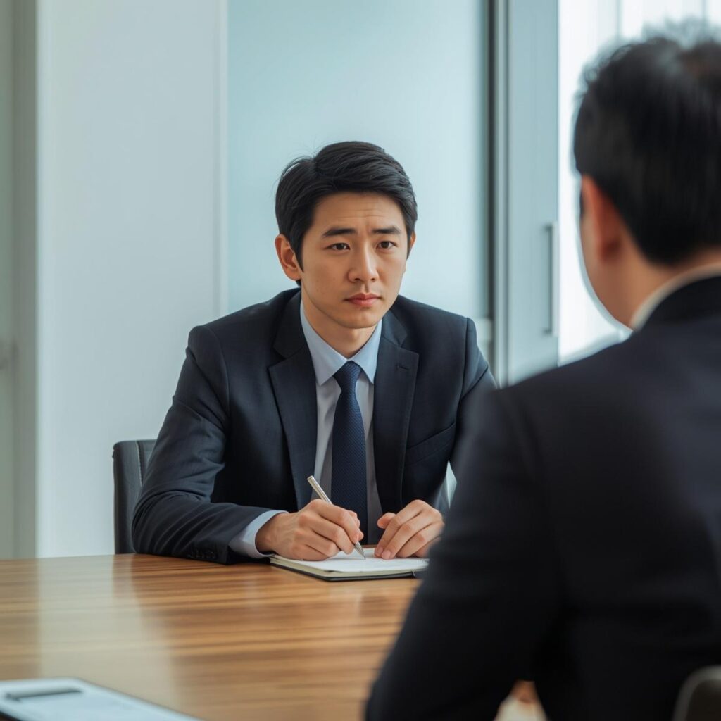 転職面接で残業や休日について質問している男性