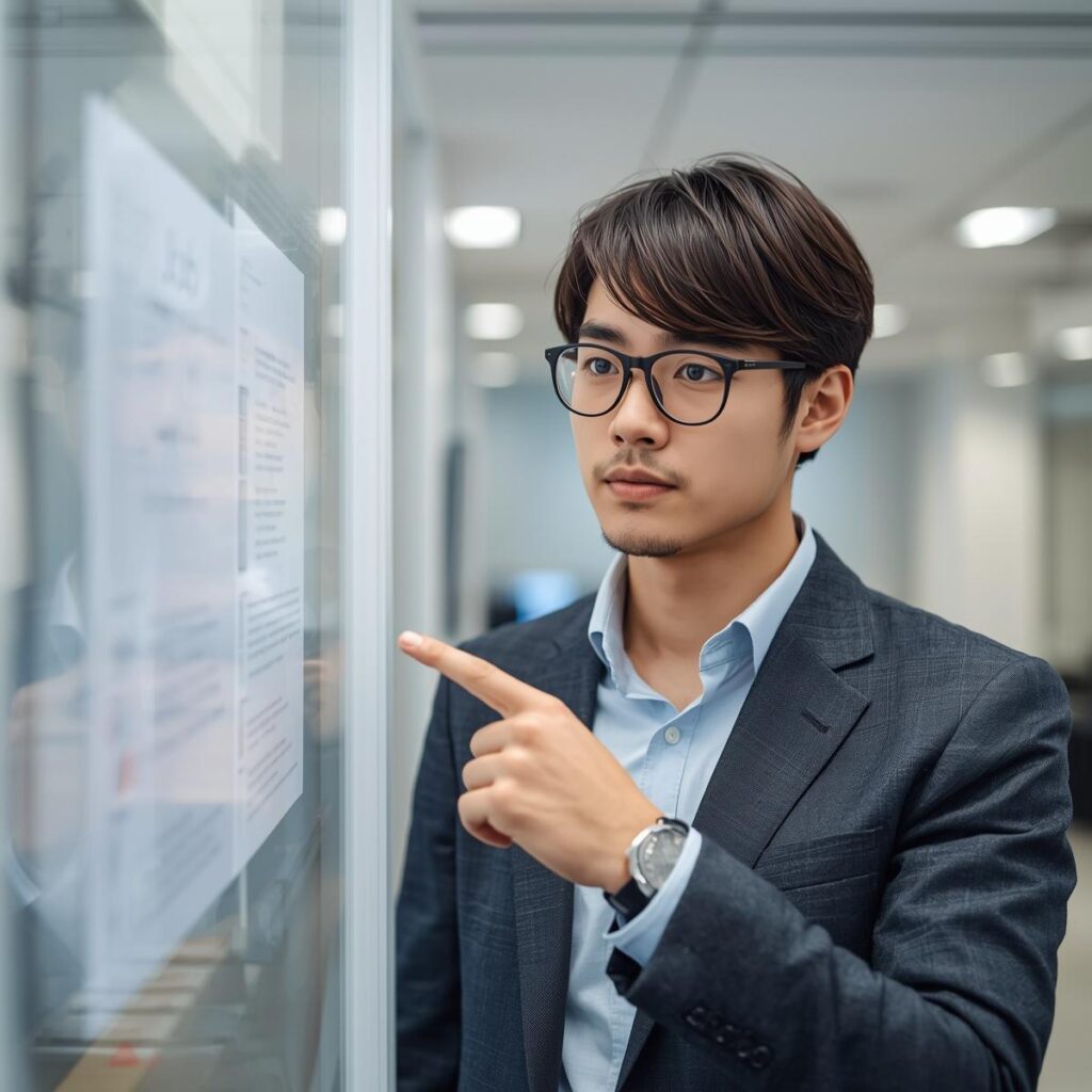 求人票の休日表記を指差して確認している男性