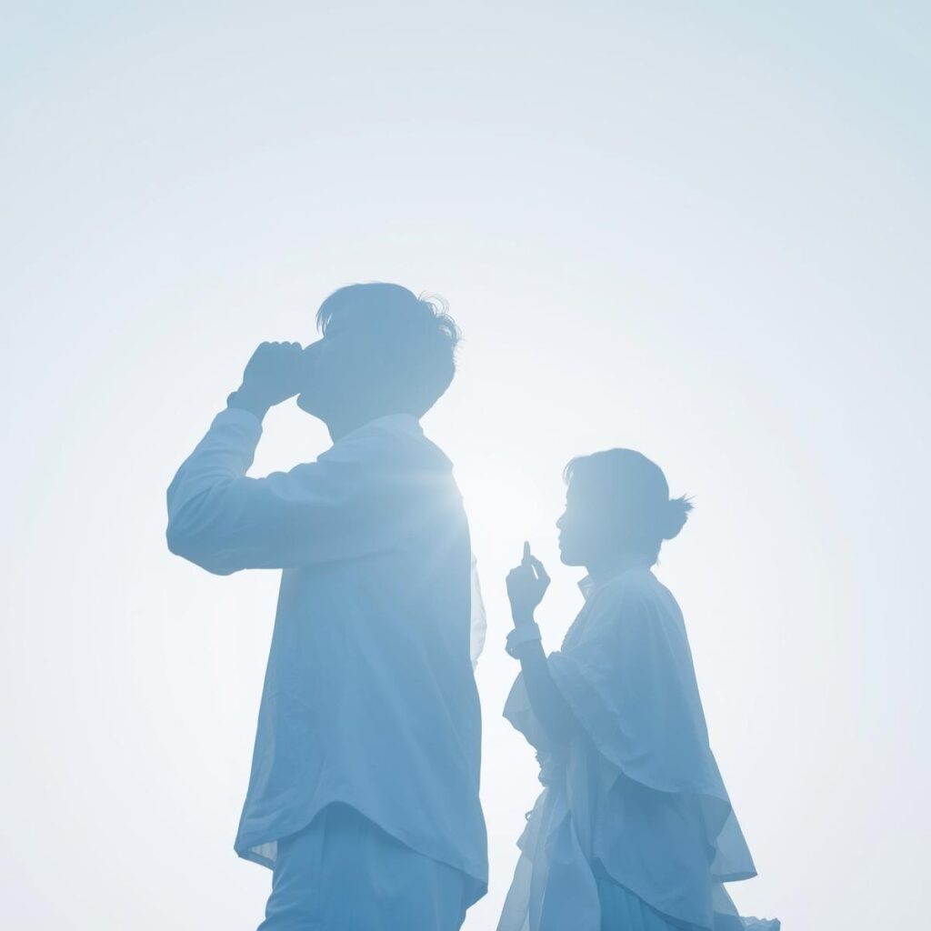 未経験転職に不安を抱えながらも朝の光の中で一歩踏み出す日本人男女の後ろ姿