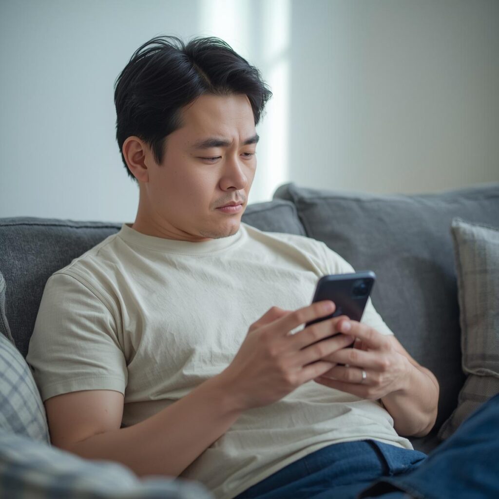 転職サイトで工場求人を検索しているスマートフォンを持つ男性