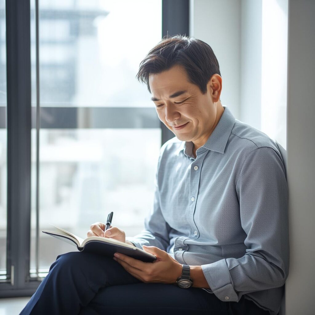 40代男性が手帳に書き込みながら自信を取り戻すステップを実践するイメージ