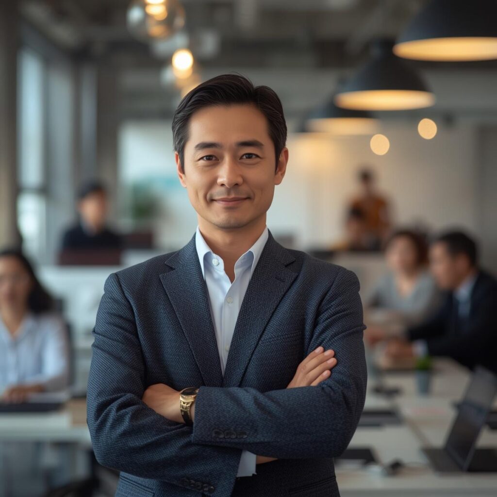 職場で自信ある表情をする40代男性。経験と落ち着きを持つベテランのイメージ