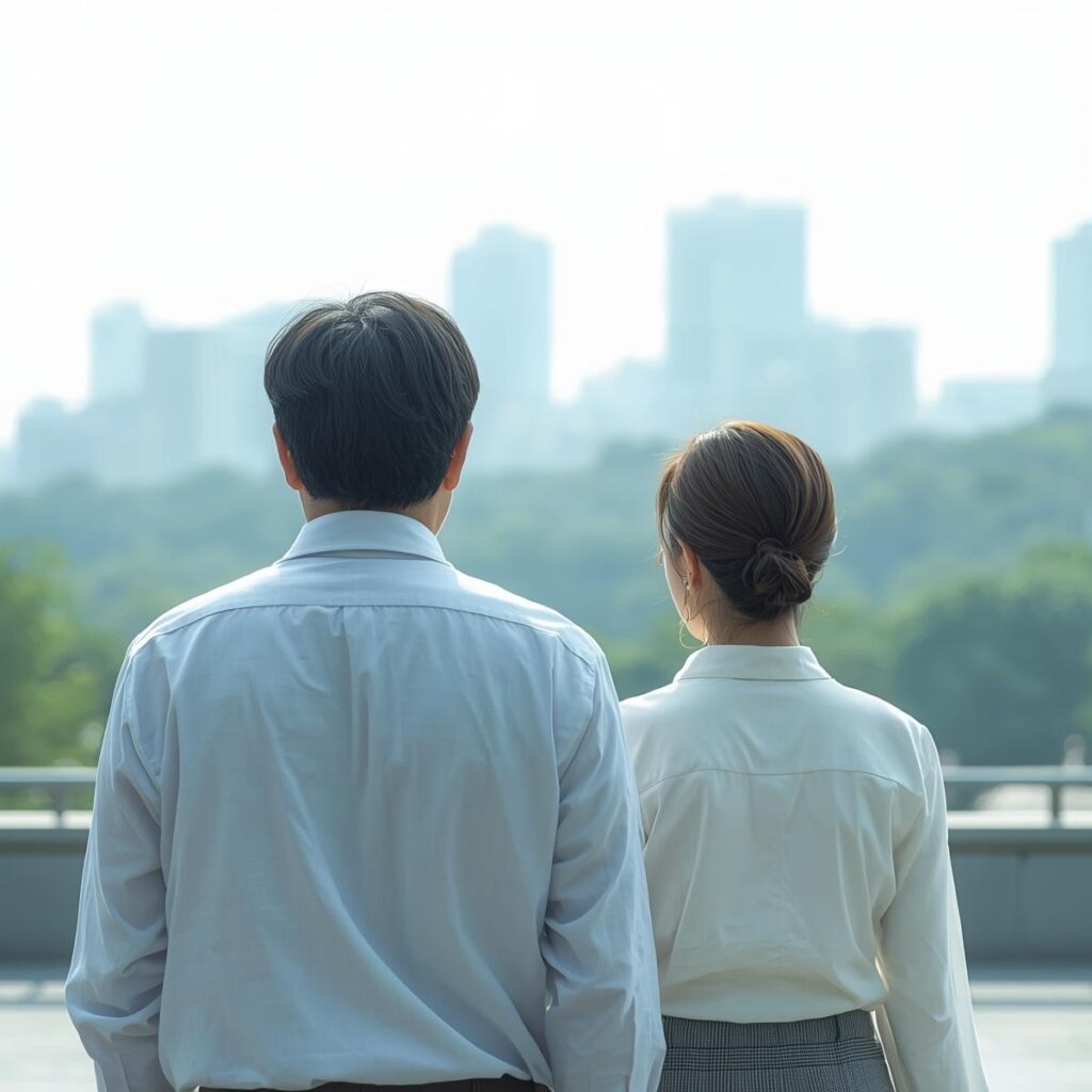 新しい一歩を踏み出す40代男女の後ろ姿