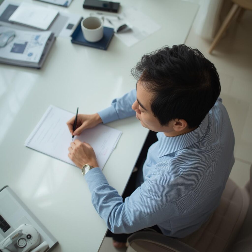 紙に自分の経験やスキルを書き出して整理する40代の人物