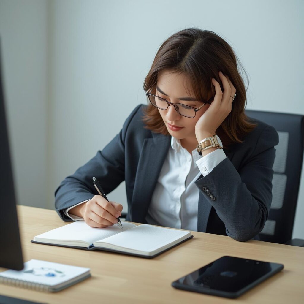 転職前に状況を整理して考える会社員のイメージ