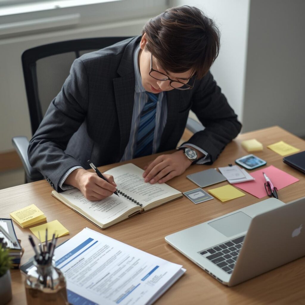 ノートに強みや経験を書き出しながら自己PRを整理する日本人の求職者