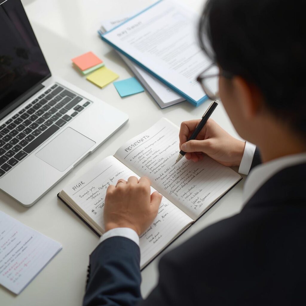 自己PRの例文を参考にしながら内容を整理している求職者のイメージ