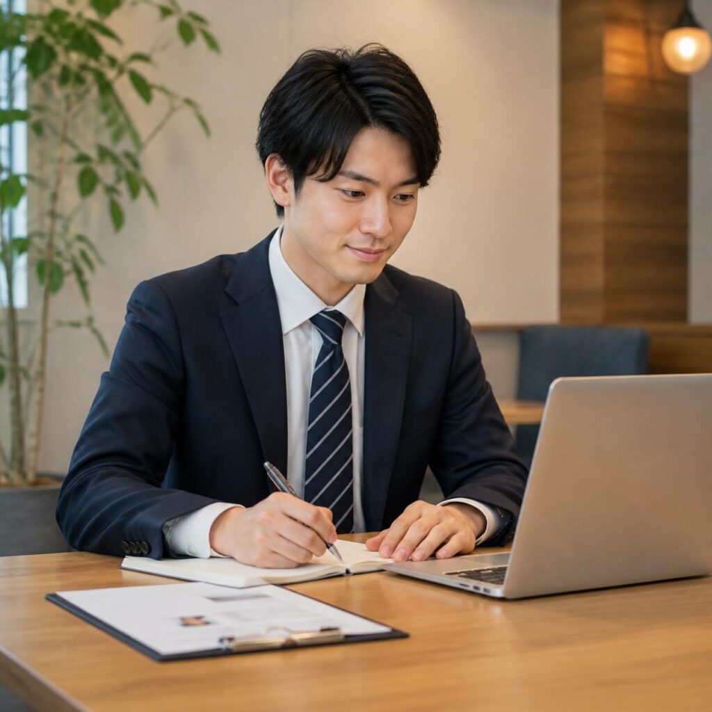 職種別の自己PR例文を参考にしながら書類を作成する様子