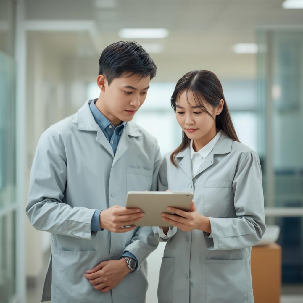 工場求人サイトで求人情報を一緒に確認している男女のイメージ