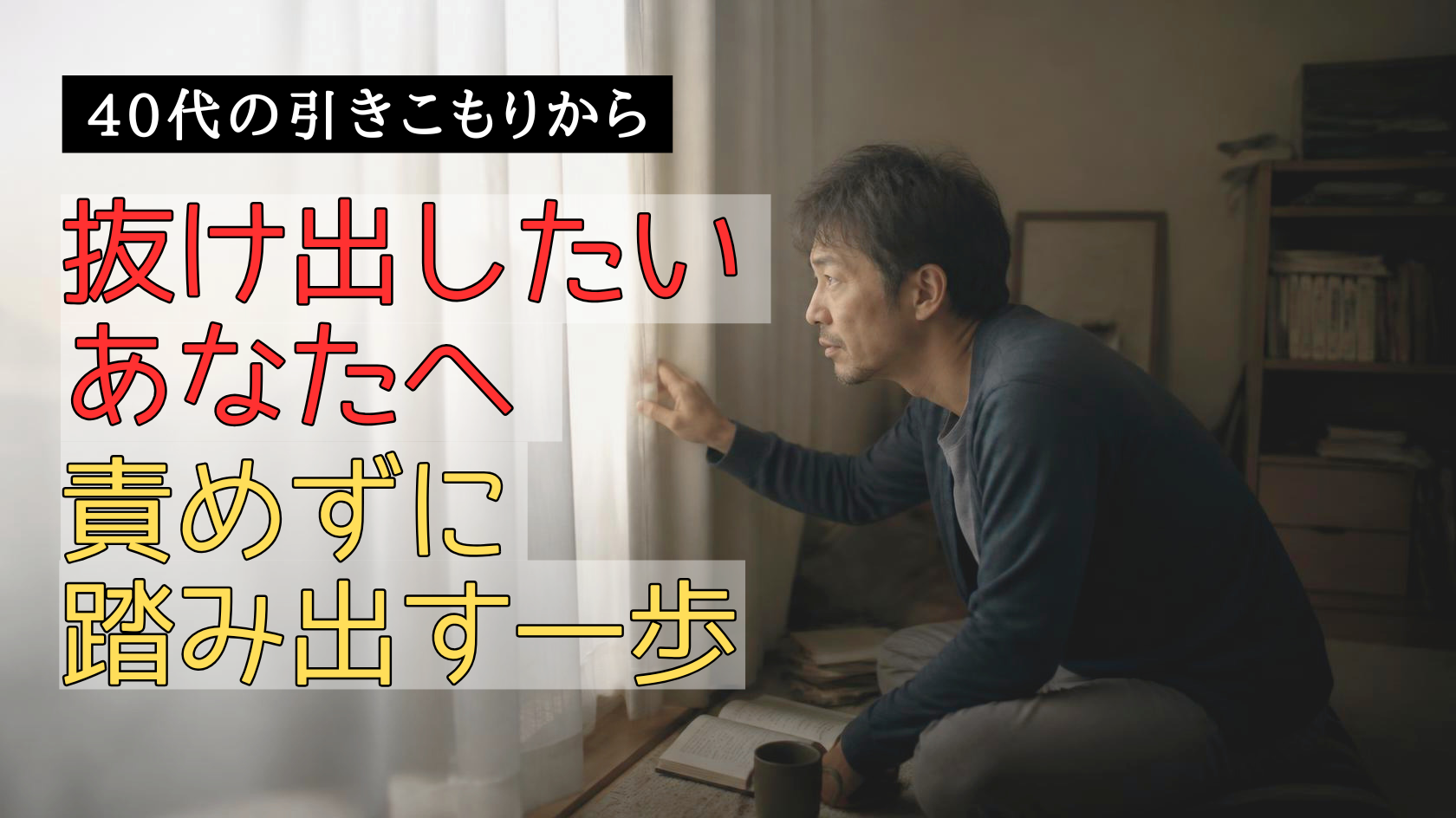 40代の引きこもりの男性がカーテンの隙間から外の光を見つめる