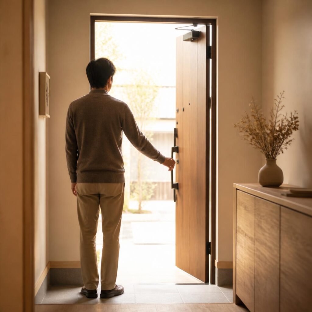 40代の引きこもりの男性が玄関のドアに手をかけて外を見る後ろ姿