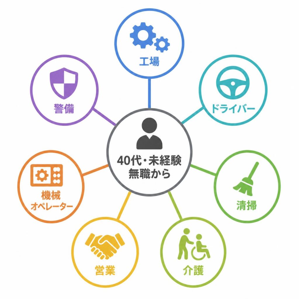 40代無職から挑戦できる仕事7職種を図解したイメージ