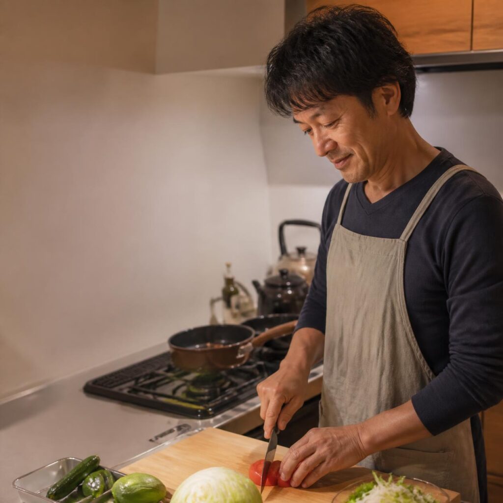 40代無職から前向きに一日を終える男性が夕食を作る様子