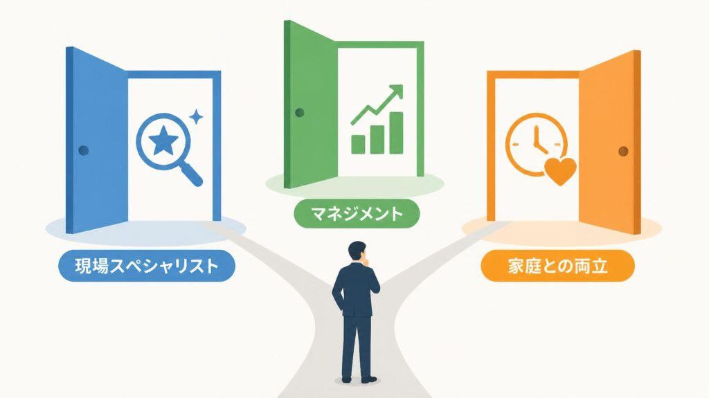 40代未経験からの介護職キャリアパス3パターンを示す扉の図解