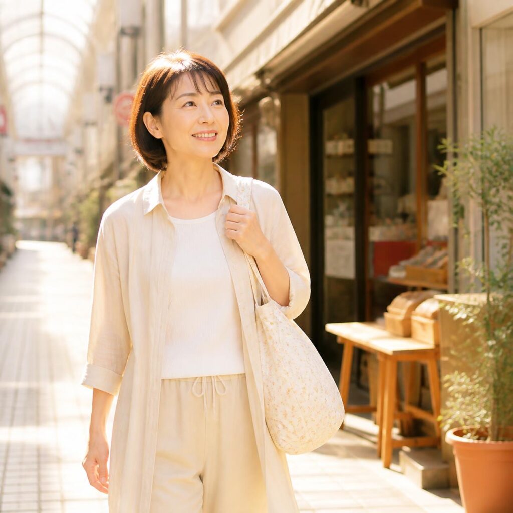 介護 転職 40代を経て新しい一歩を踏み出す女性が商店街を歩く様子
