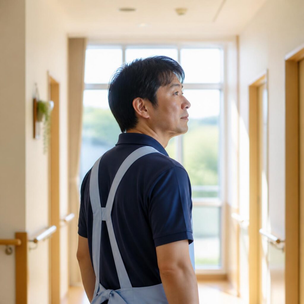 介護施設の廊下で深呼吸してから前を向く50代男性職員
