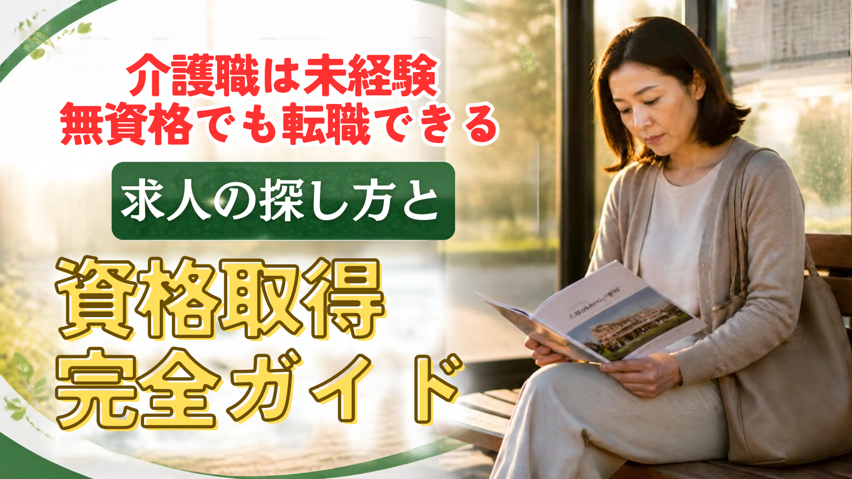 夕暮れのバス停で介護施設のパンフレットを読む40代女性