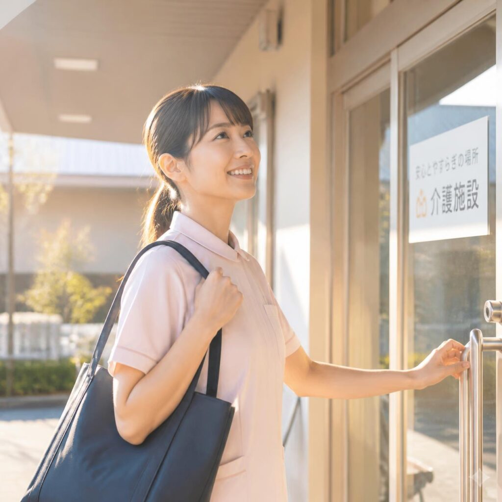介護施設のエントランスで扉に手をかける寸前の30代女性