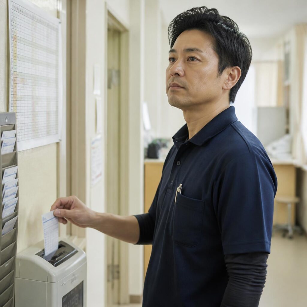 介護施設でタイムカードを押し気持ちを切り替える男性職員