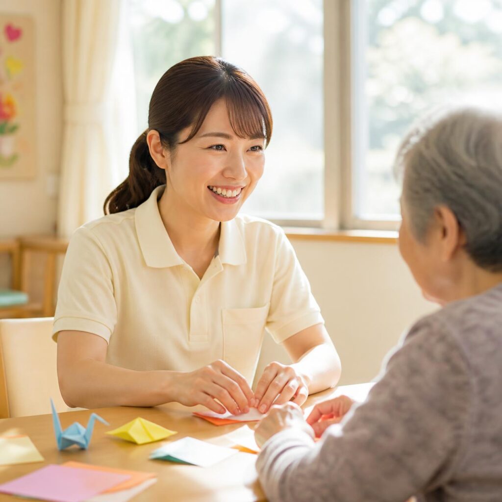 介護施設で利用者と笑顔で折り紙をする女性職員