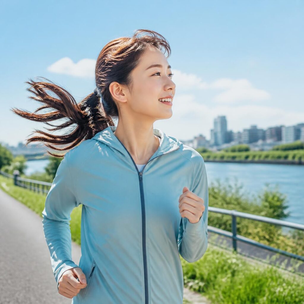 川沿いを走りながら前を向く20代