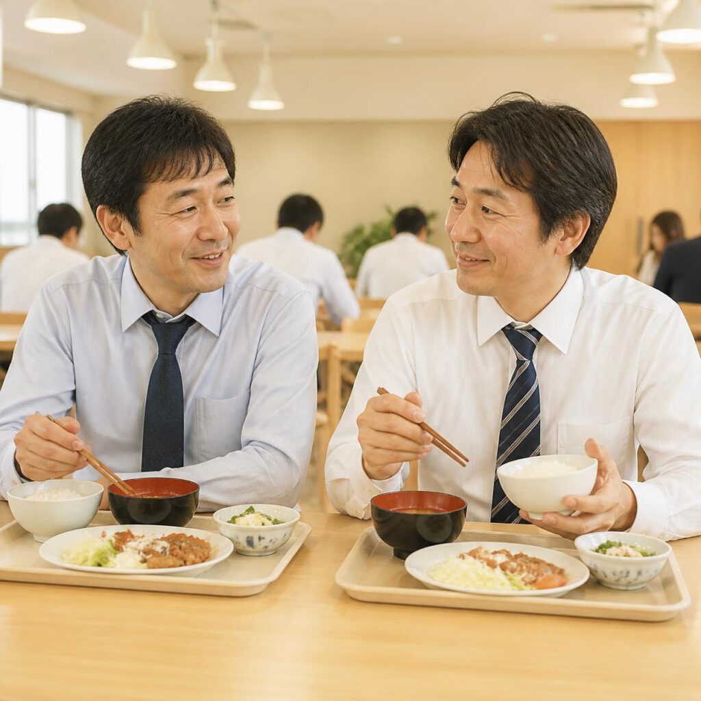 仕事量の多さに悩む同僚同士が社員食堂で苦笑いし合う様子
