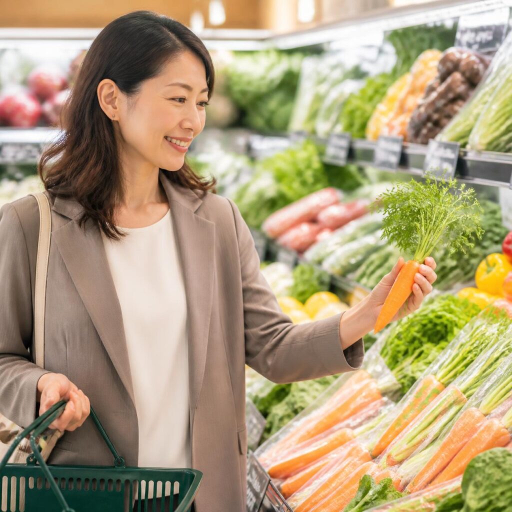 仕事量の悩みから抜け出し、定時で帰ってスーパーで夕食の買い物を楽しむ女性