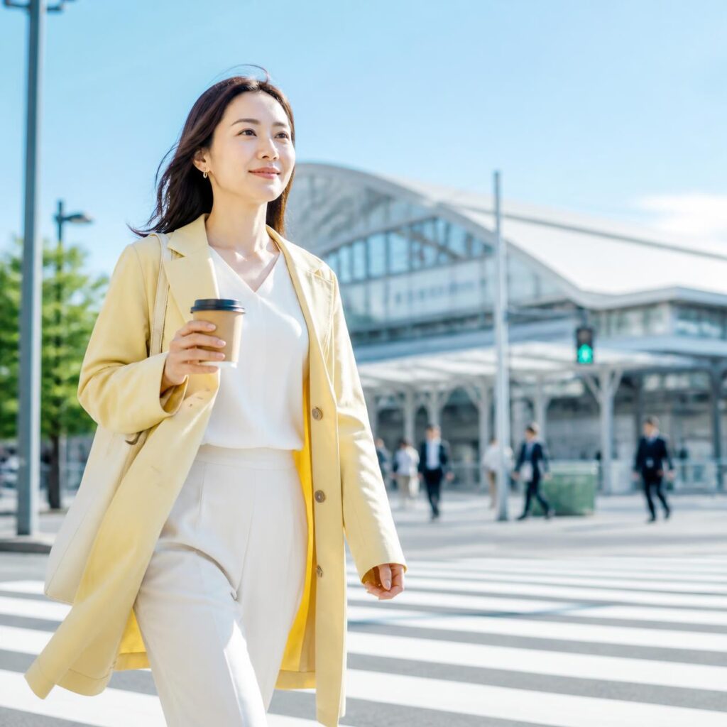 退職理由の悩みを整理し、朝の横断歩道を前向きに渡り始める女性