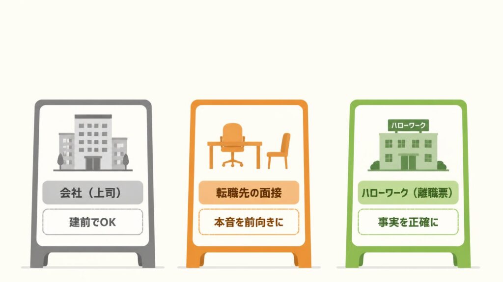 退職理由を会社・面接・ハローワークで使い分けるポイントの図解