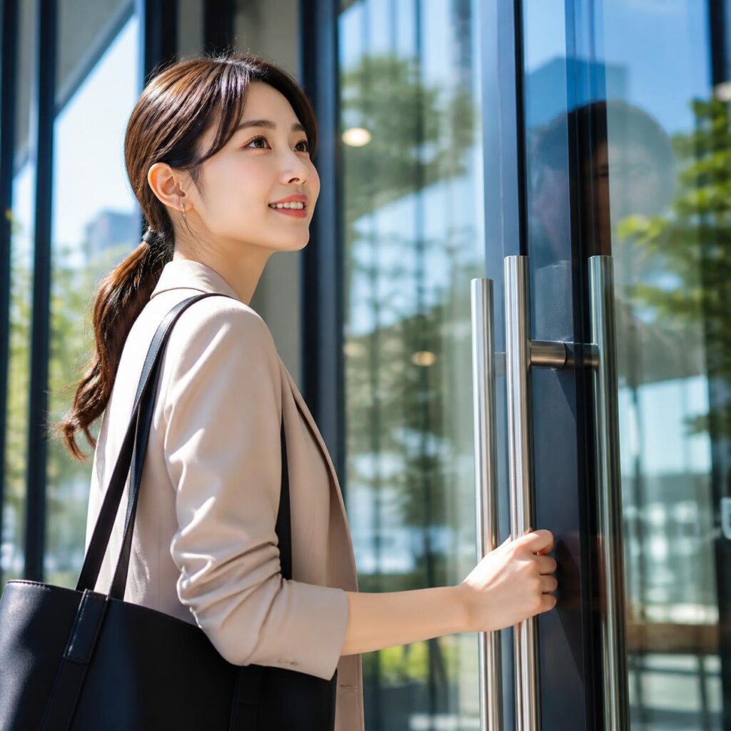 新しい転職エージェントのオフィスへ前向きな気持ちで足を踏み入れる20代の会社員