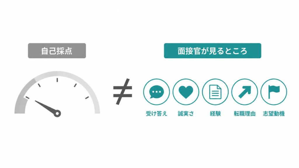 面接ボロボロでも受かったのはなぜか。手応えの自己採点と面接官が見る評価ポイントのずれを示す図解