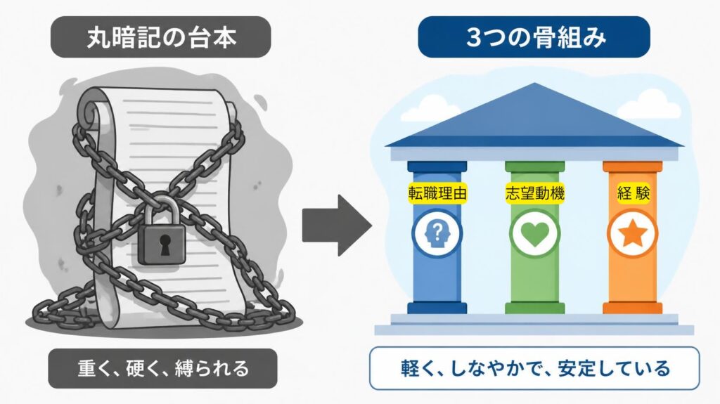 面接準備で丸暗記の台本をやめて、転職理由・志望動機・経験の3つの骨組みを作る考え方の図解
