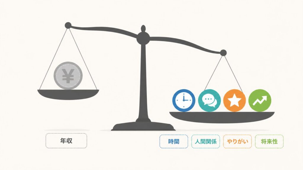 年収と時間・人間関係・やりがいを天秤にかけて転職を考える図解