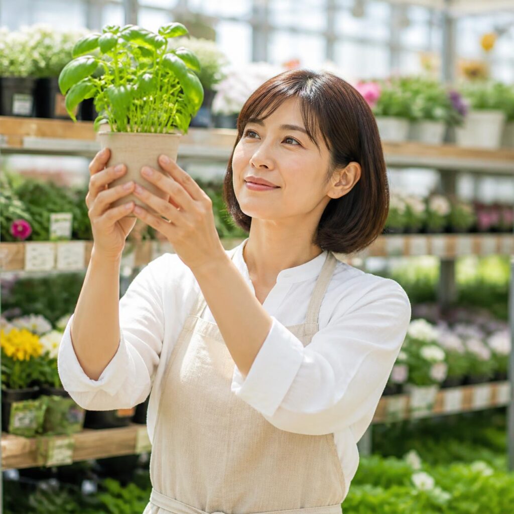 暮らしを整えようと前向きに鉢植えを選ぶ日本人女性